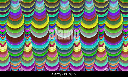 A celebratory 3d illustration of abstract multicolored drop decoration with moving down figures looking like children`s bagels with round holes inside Stock Photo